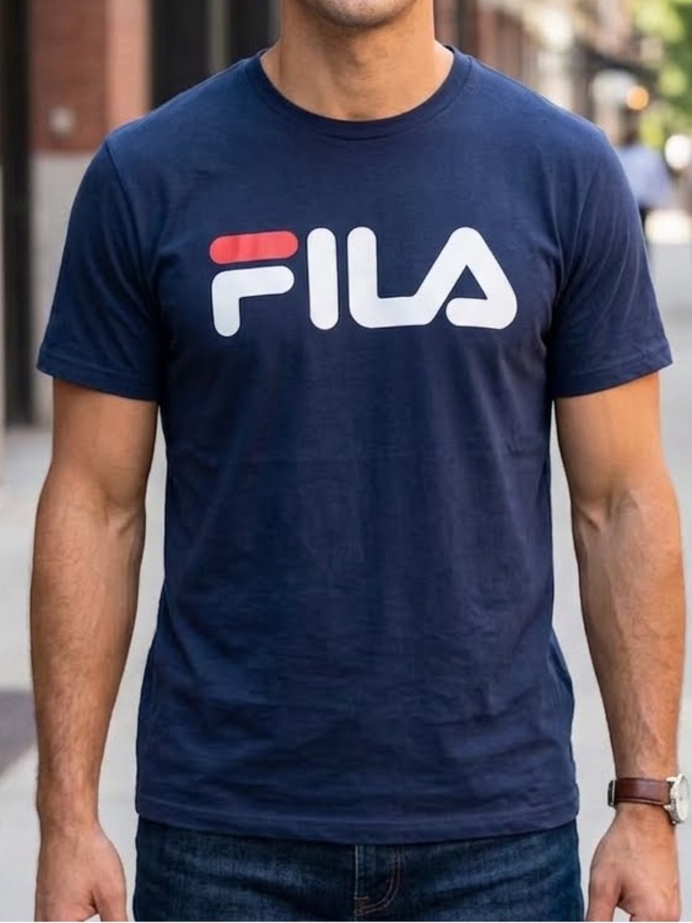 Fila Navy Short Sleeve Tee with White and Red Logo-XL